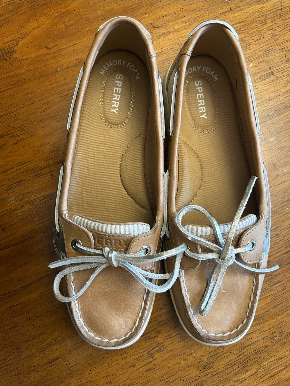 Sperry Tan Leather Slip-On Boat Shoes with White & Gold Laces